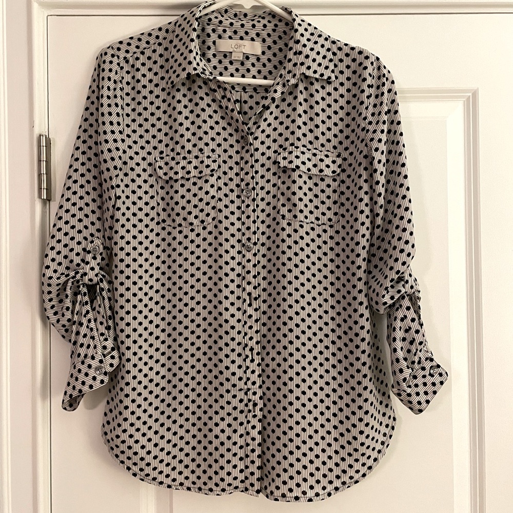 Black and white striped LOFT shirt with polka dots